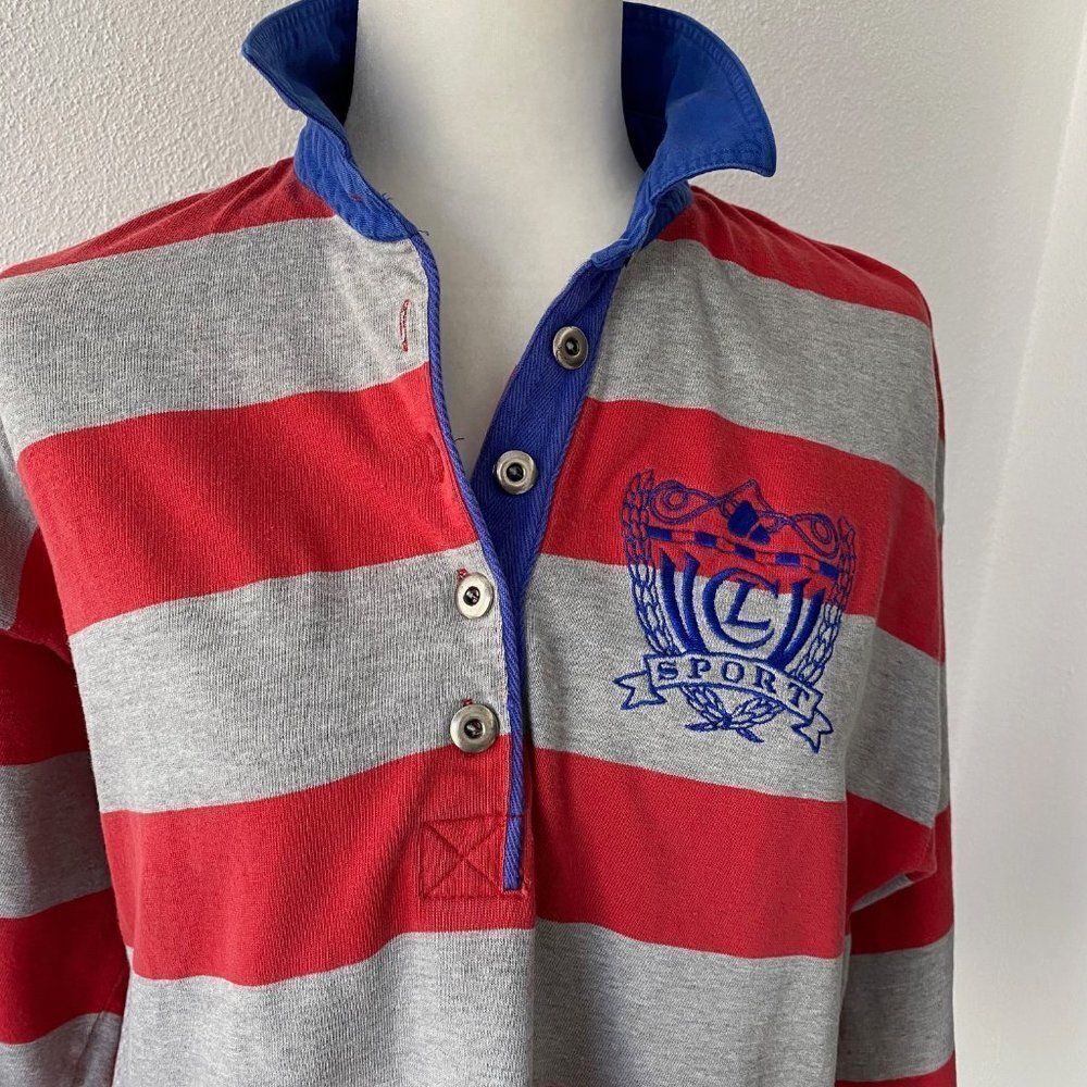 Liz Claiborne Vintage Lizwear Red Gray Cotton Striped Polo Long Sleeve Shirt L